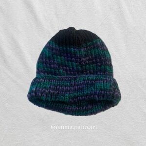 hand knit purple black green blue striped beanie